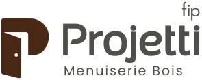 Projetti — Logo de la marque Projetti spécialisée en menuiserie bois, représentant une porte stylisée en marron clair et le mot Menuiserie Bois en noi