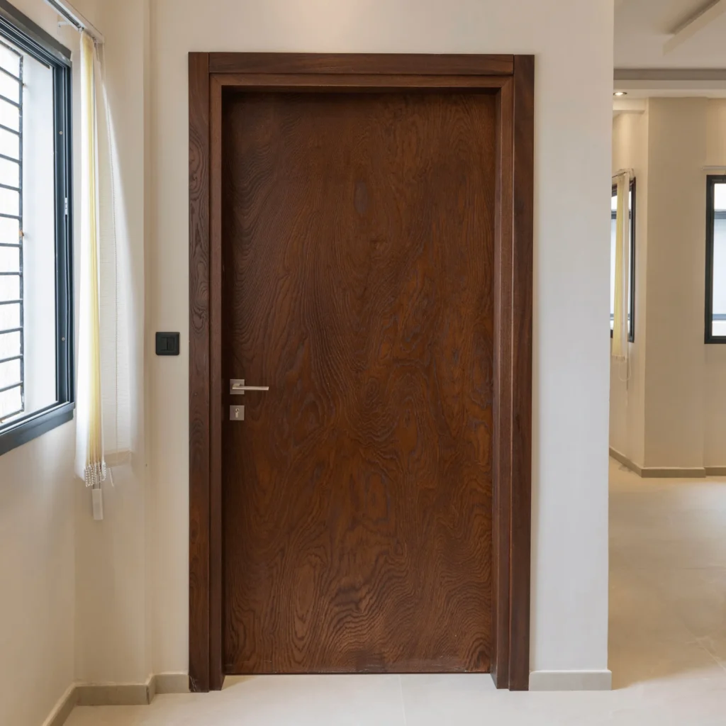 Porte d'entrée design en bois massif réalisée par Projetti, expert en menuiserie bois Côte d'Ivoire.