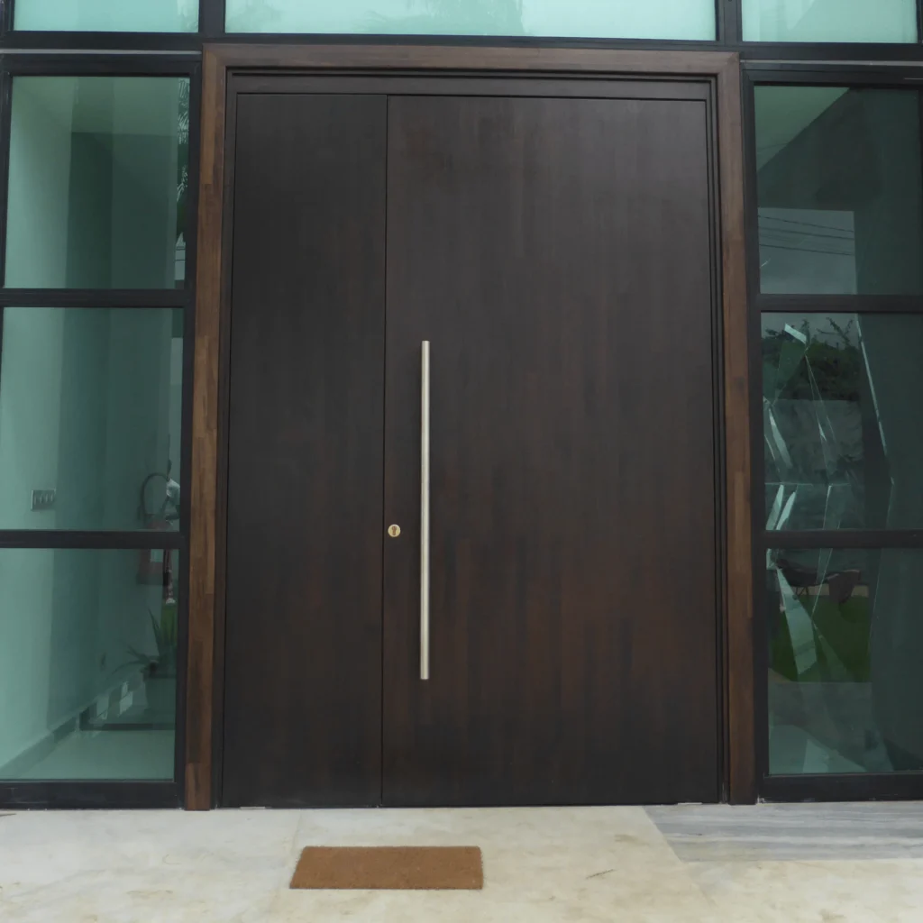 Porte pivot design en bois massif réalisée par Projetti, expert en menuiserie bois Côte d'Ivoire.