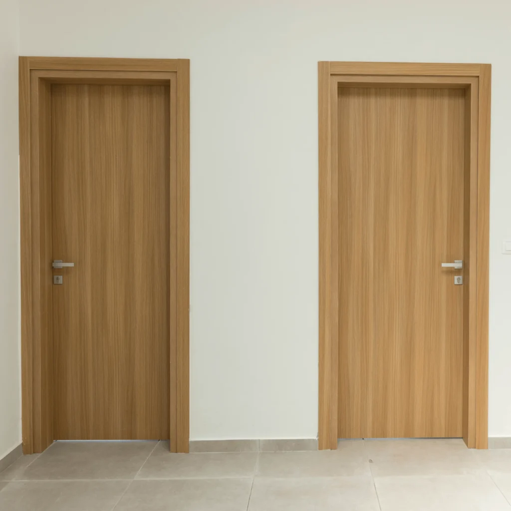 Porte d'entrée design en bois massif réalisée par Projetti, expert en menuiserie bois Côte d'Ivoire.