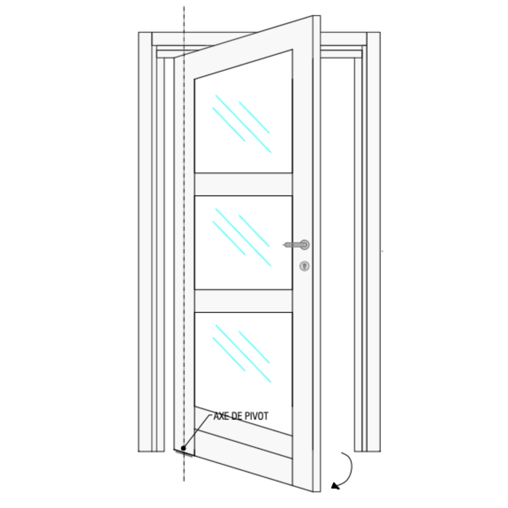 Projetti — Dessin technique d'une porte pivotante à trois panneaux, montée sur un axe de pivot situé en bas à gauche, permettant une ouverture à 180 d