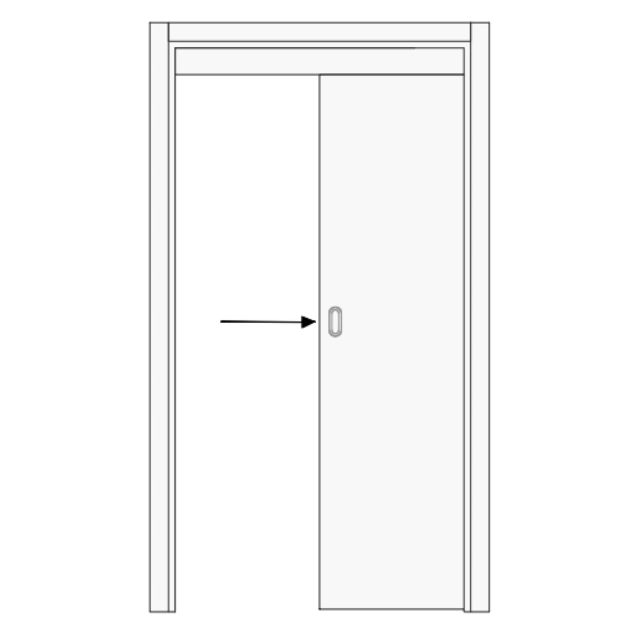Projetti — Illustration en noir et blanc d'une porte intérieure à deux vantaux, munie d'une poignée ronde centrale et d'une encoche de verrouillage si